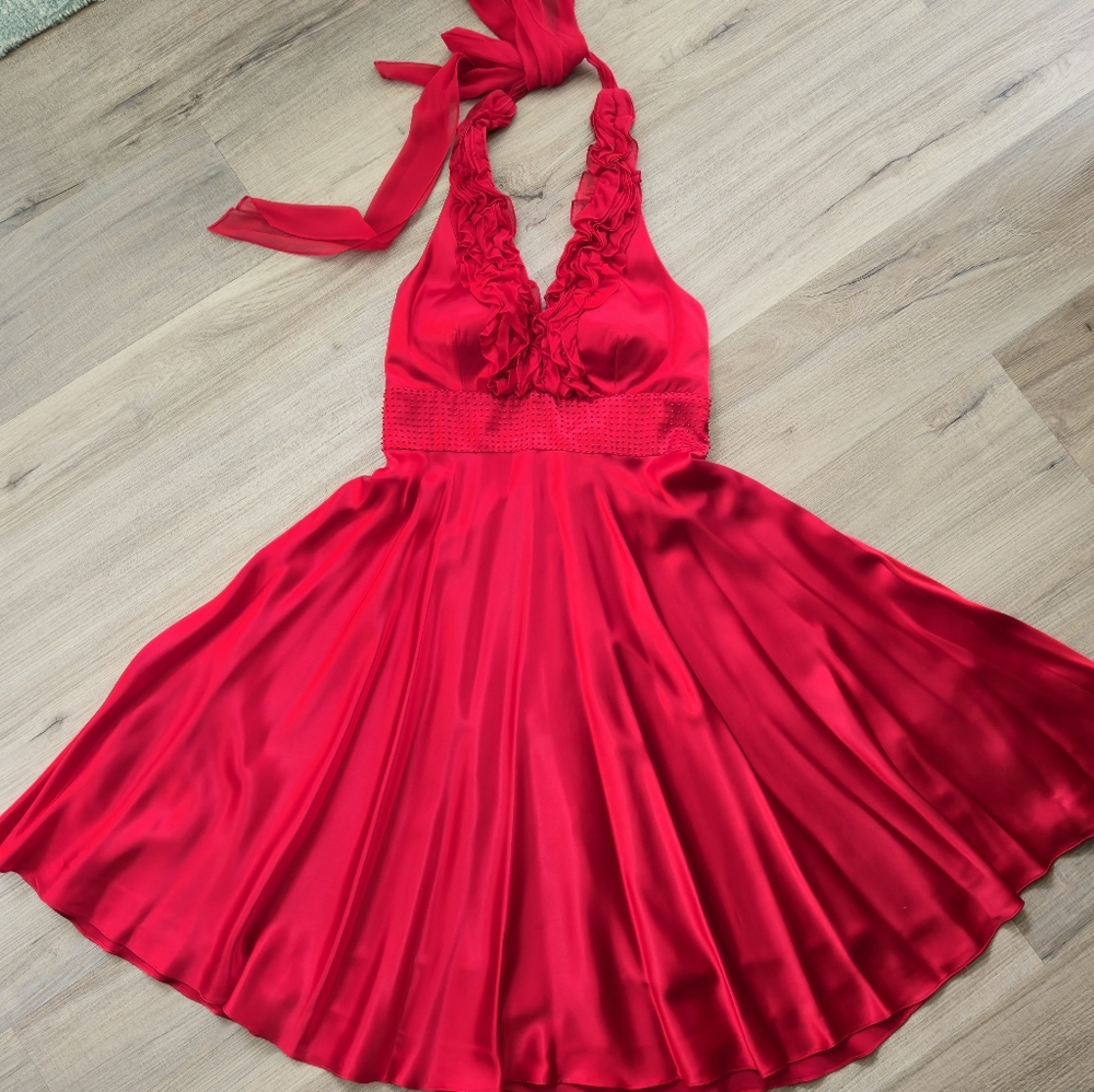 Red Halter Satin Dress with Ruffled V-Neck
